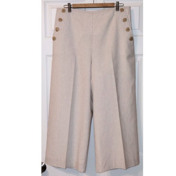 SALE - Ann Taylor "The Easy Crop" High Rise Tan/White Pinstripe Linen Blend Sla… - Picture 1 of 7